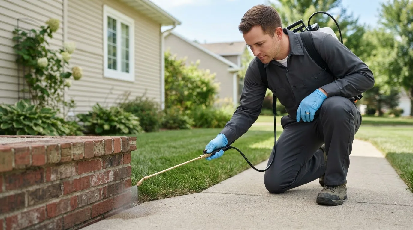 Pest control technician treating a home near Ray, ND