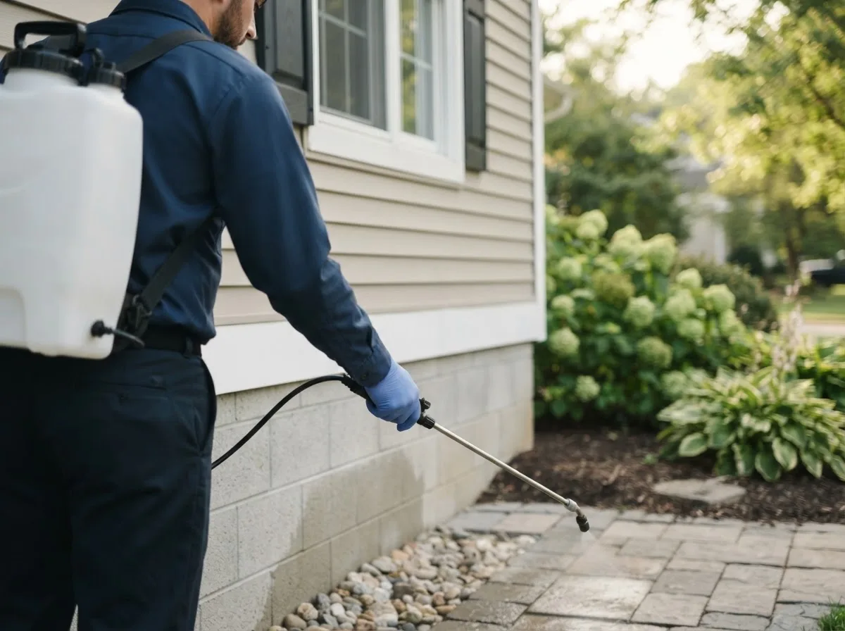 Pest control technician inspecting a home in Ray, ND